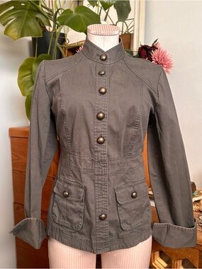 New York & Company Olive Utility Jacket with Brass Buttons